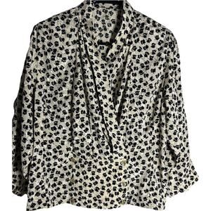Vtg 80s Monochrome Floral Wrap Power Blouse Hand Painted Rose Buttons Office M